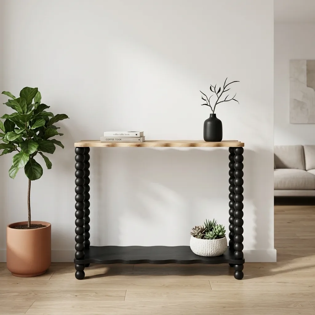 2-Tier Bobbin Leg Console Table, Natural Wood Wavy Top Black Frame Entryway Sofa Table, Vintage Farmhouse Accent Table for Hallway Living Room