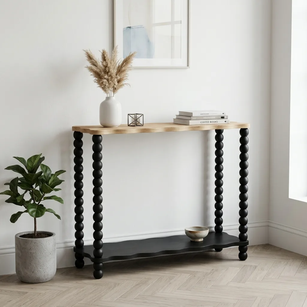 2-Tier Bobbin Leg Console Table, Natural Wood Wavy Top Black Frame Entryway Sofa Table, Vintage Farmhouse Accent Table for Hallway Living Room