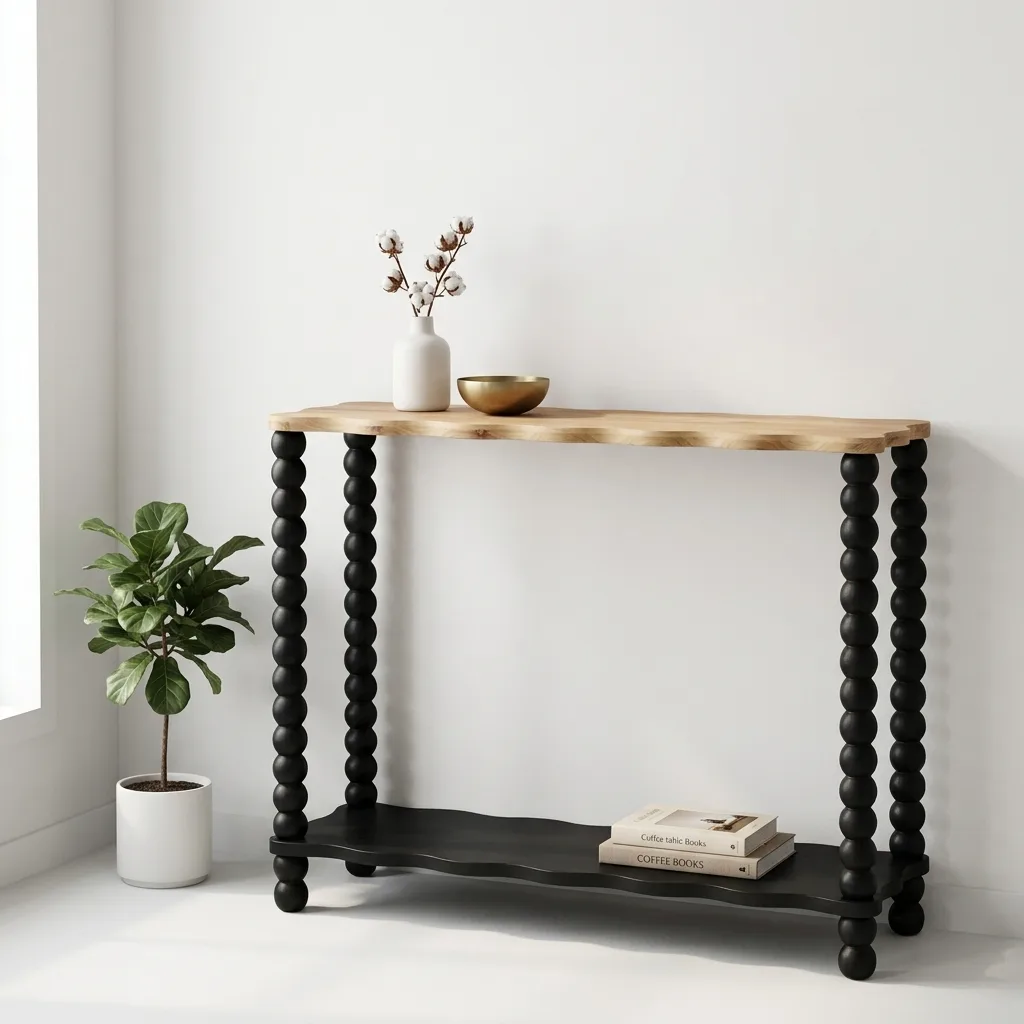 2-Tier Bobbin Leg Console Table, Natural Wood Wavy Top Black Frame Entryway Sofa Table, Vintage Farmhouse Accent Table for Hallway Living Room