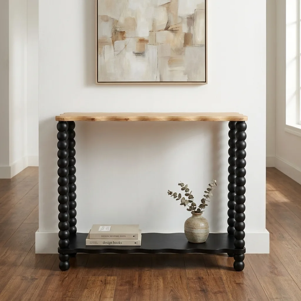 2-Tier Bobbin Leg Console Table, Natural Wood Wavy Top Black Frame Entryway Sofa Table, Vintage Farmhouse Accent Table for Hallway Living Room