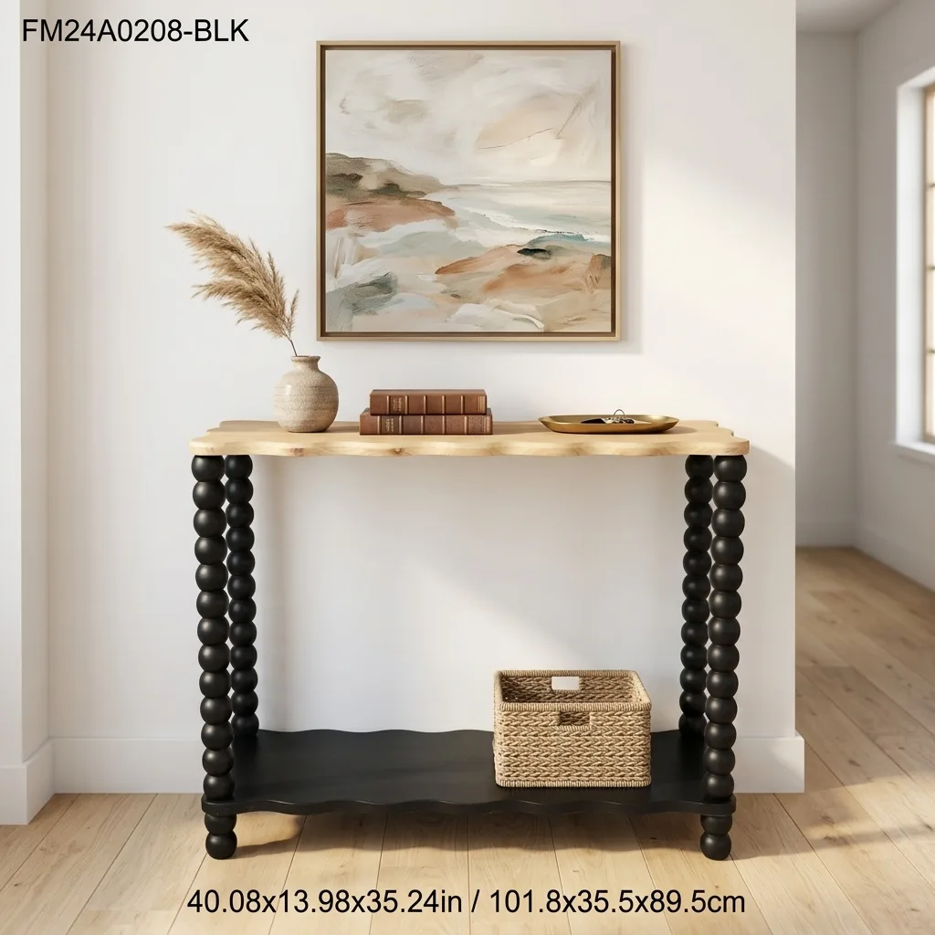 2-Tier Bobbin Leg Console Table, Natural Wood Wavy Top Black Frame Entryway Sofa Table, Vintage Farmhouse Accent Table for Hallway Living Room