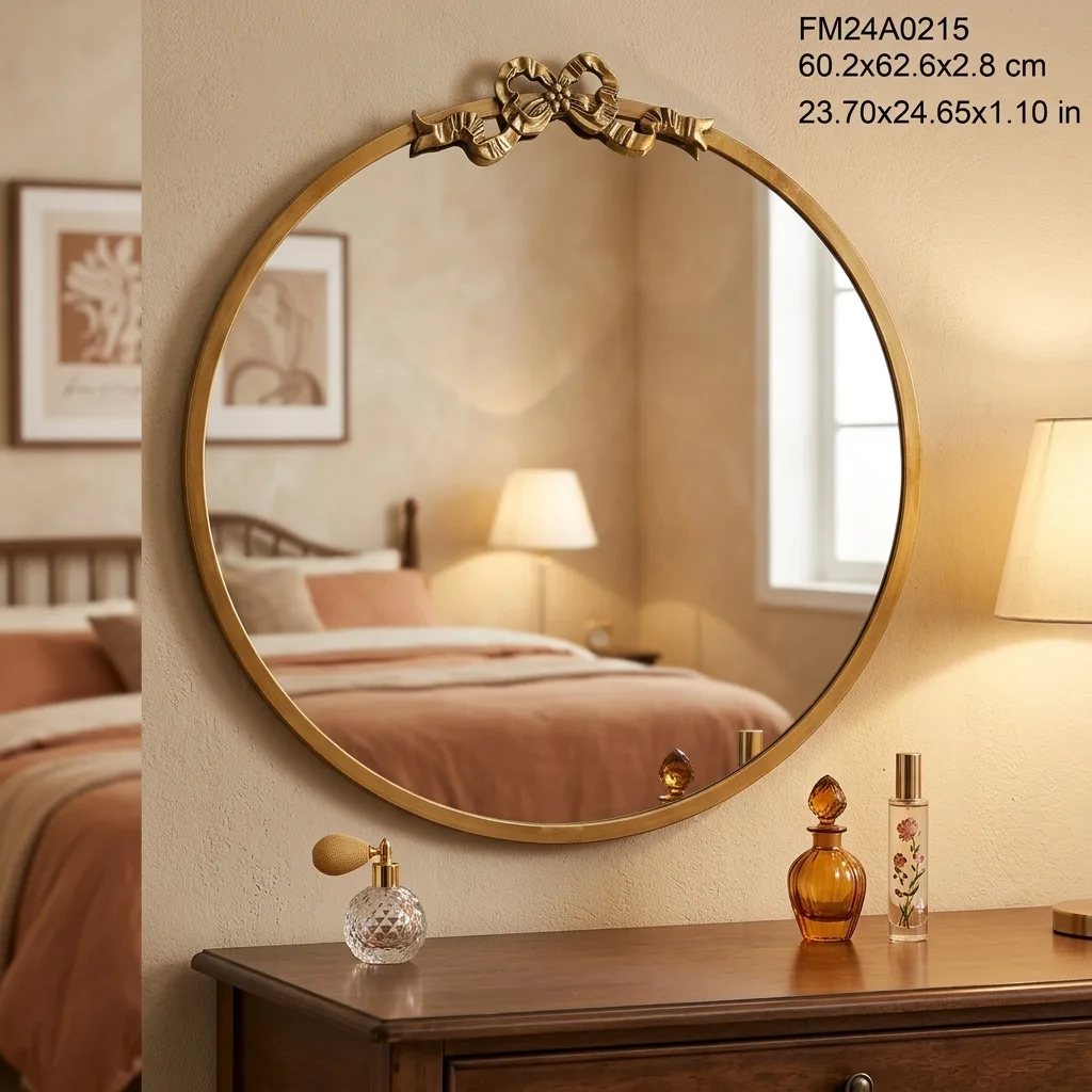 Round Gold Bow Metal Wall Mirror, French Vintage Ornate Ribbon Decorative Mirror for Entryway Bedroom Bathroom Vanity