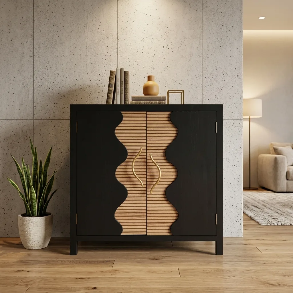 Black & Natural Wavy Ribbed 2-Door Accent Cabinet, Modern Solid Wood Sideboard Storage Cabinet with Metal Handles for Entryway Living Room