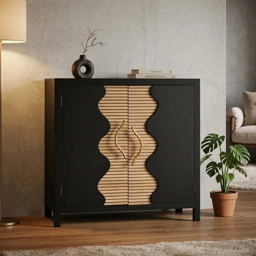 Black & Natural Wavy Ribbed 2-Door Accent Cabinet, Modern Solid Wood Sideboard Storage Cabinet with Metal Handles for Entryway Living Room