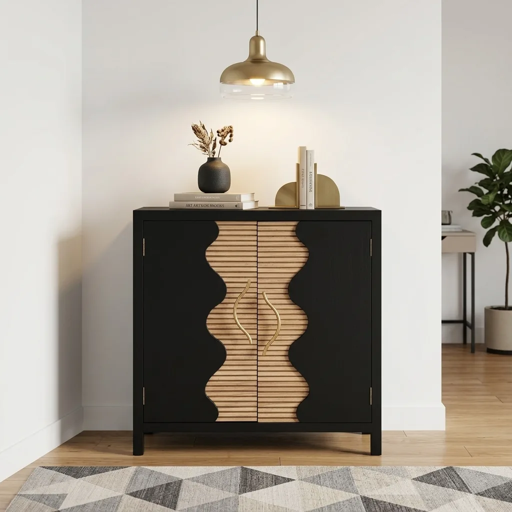 Black & Natural Wavy Ribbed 2-Door Accent Cabinet, Modern Solid Wood Sideboard Storage Cabinet with Metal Handles for Entryway Living Room