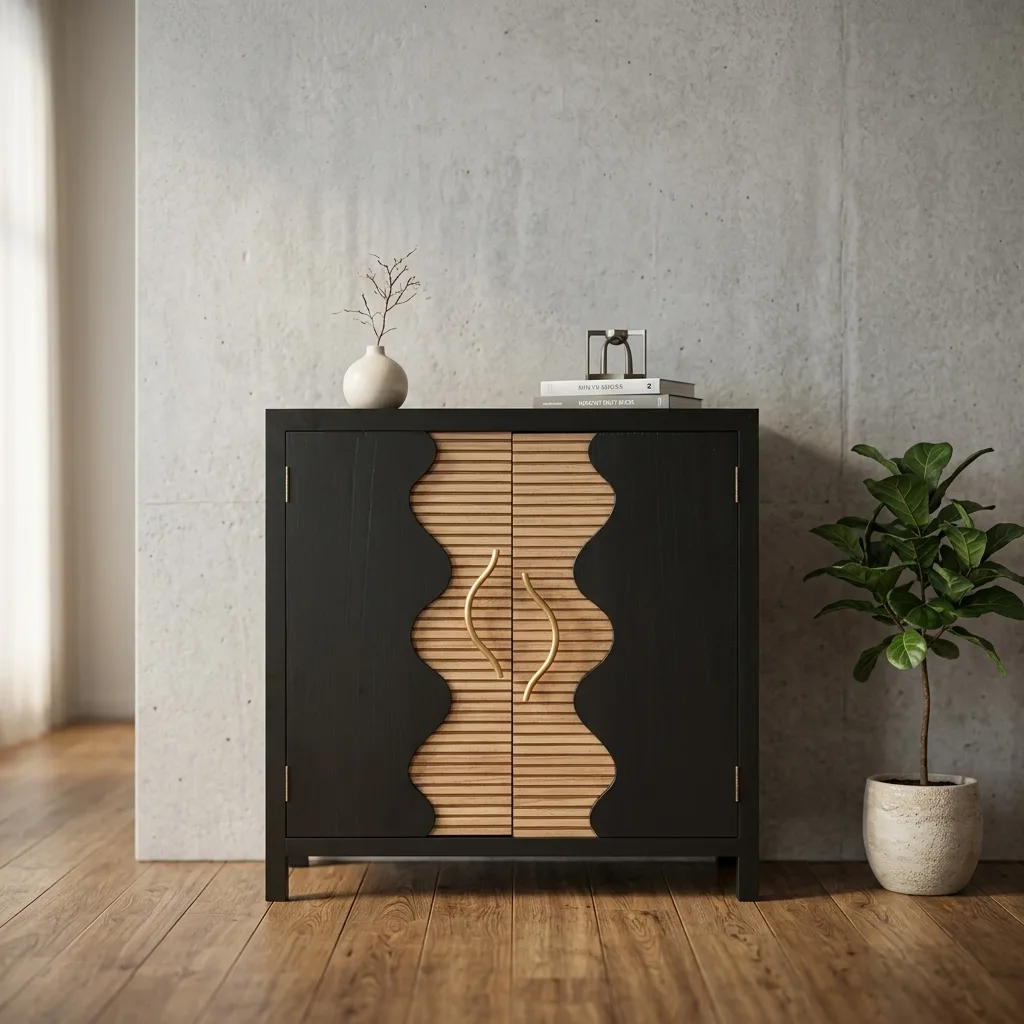 Black & Natural Wavy Ribbed 2-Door Accent Cabinet, Modern Solid Wood Sideboard Storage Cabinet with Metal Handles for Entryway Living Room