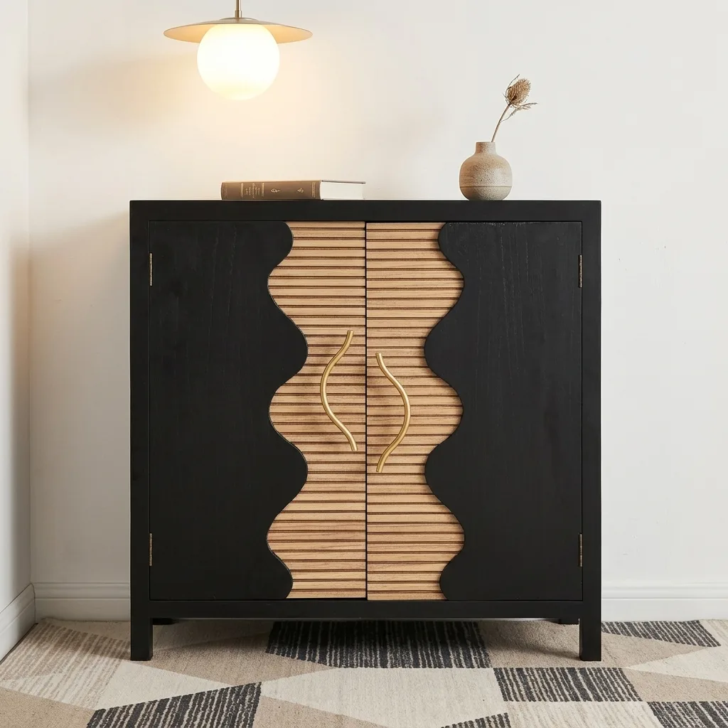 Black & Natural Wavy Ribbed 2-Door Accent Cabinet, Modern Solid Wood Sideboard Storage Cabinet with Metal Handles for Entryway Living Room