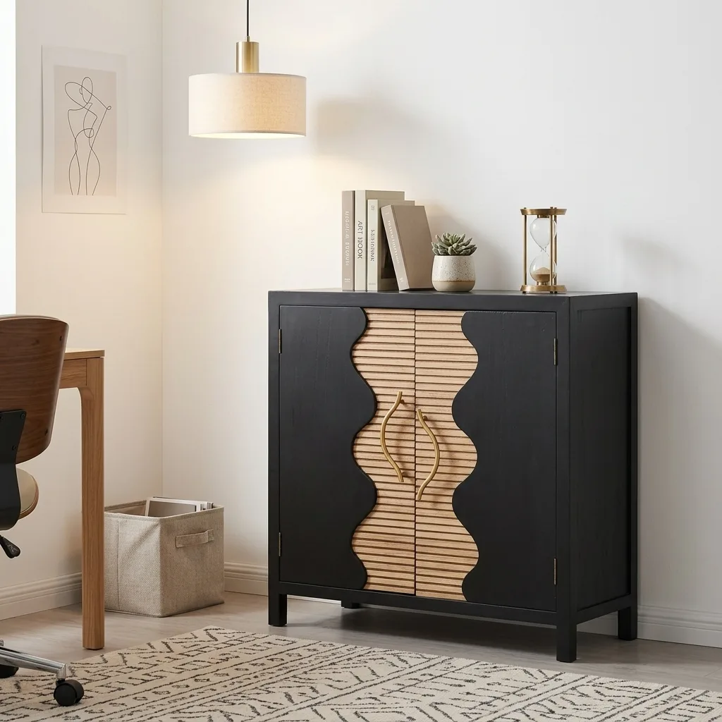 Black & Natural Wavy Ribbed 2-Door Accent Cabinet, Modern Solid Wood Sideboard Storage Cabinet with Metal Handles for Entryway Living Room