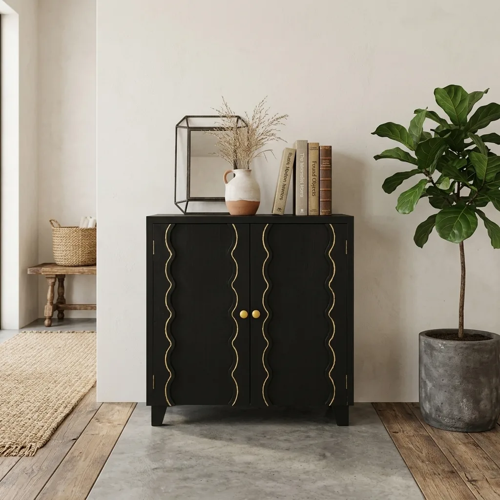 Black 2-Door Storage Cabinet with Gold Wavy Inlay Lines, Modern Decorative Sideboard Buffet Cabinet with Brass Round Knobs for Entryway Bedroom Dining Room
