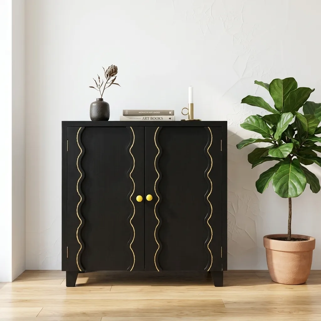 Black 2-Door Storage Cabinet with Gold Wavy Inlay Lines, Modern Decorative Sideboard Buffet Cabinet with Brass Round Knobs for Entryway Bedroom Dining Room