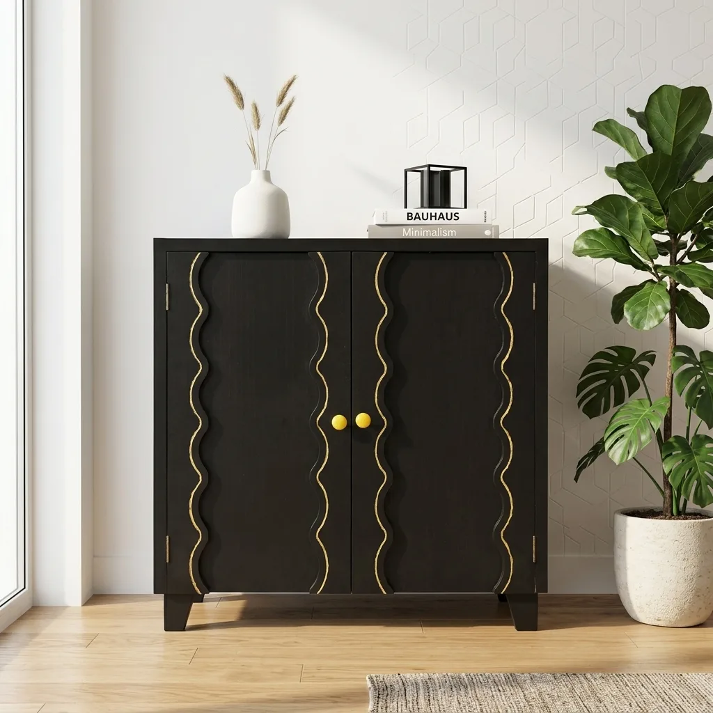 Black 2-Door Storage Cabinet with Gold Wavy Inlay Lines, Modern Decorative Sideboard Buffet Cabinet with Brass Round Knobs for Entryway Bedroom Dining Room