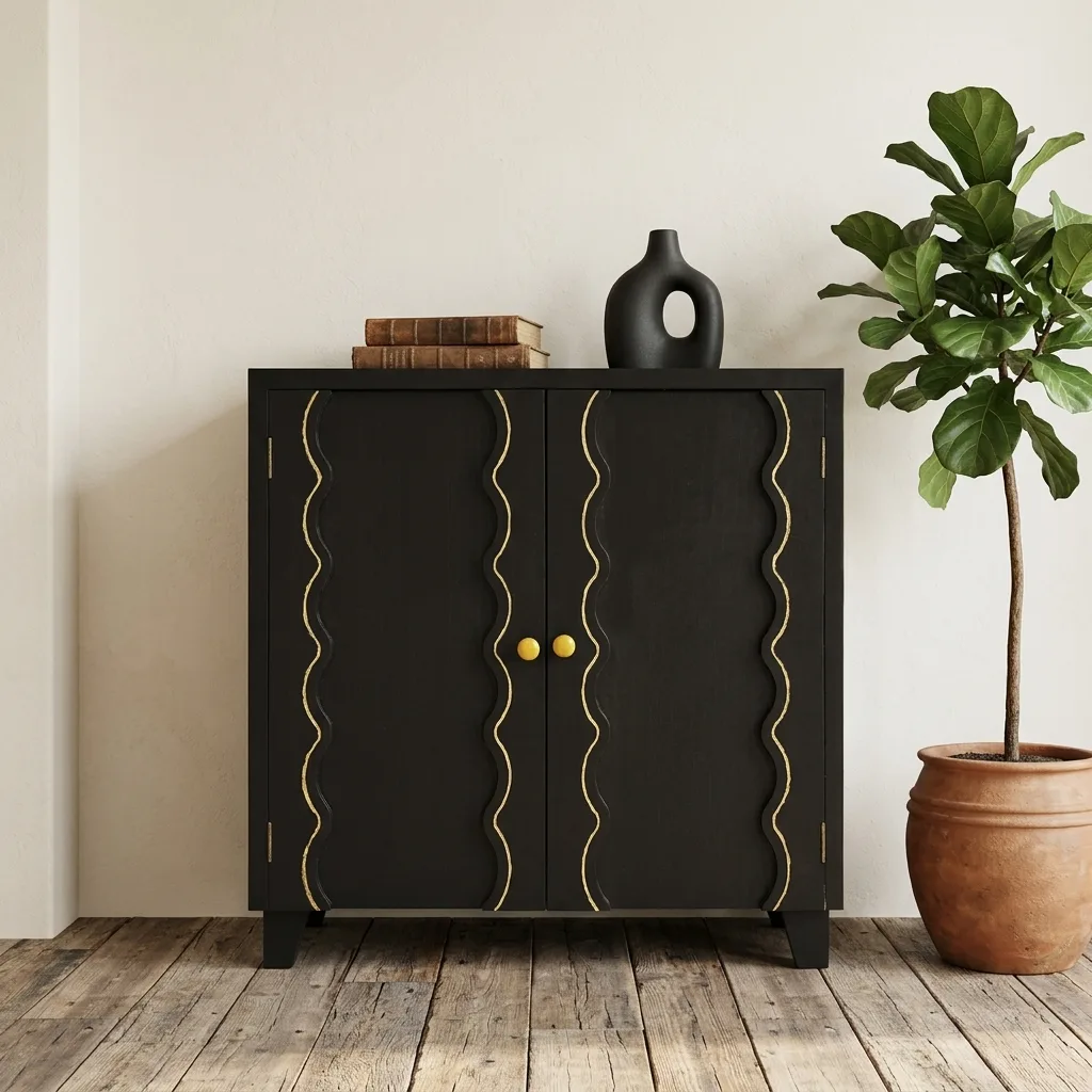 Black 2-Door Storage Cabinet with Gold Wavy Inlay Lines, Modern Decorative Sideboard Buffet Cabinet with Brass Round Knobs for Entryway Bedroom Dining Room