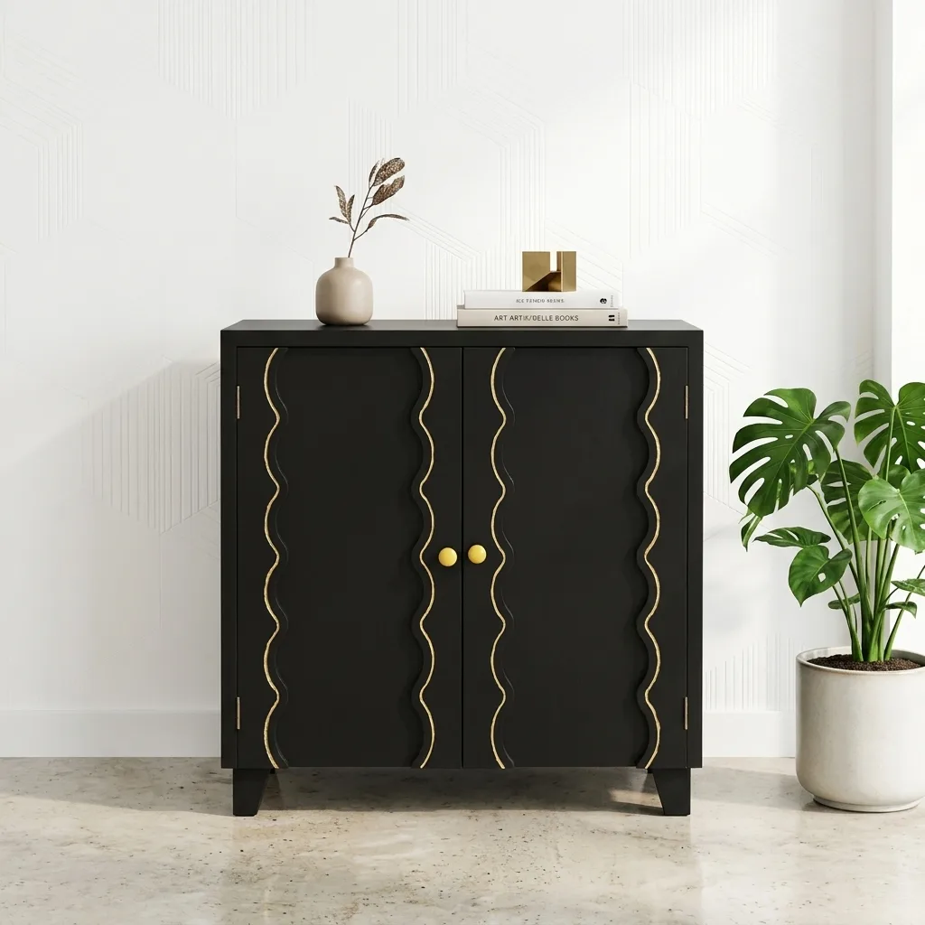 Black 2-Door Storage Cabinet with Gold Wavy Inlay Lines, Modern Decorative Sideboard Buffet Cabinet with Brass Round Knobs for Entryway Bedroom Dining Room