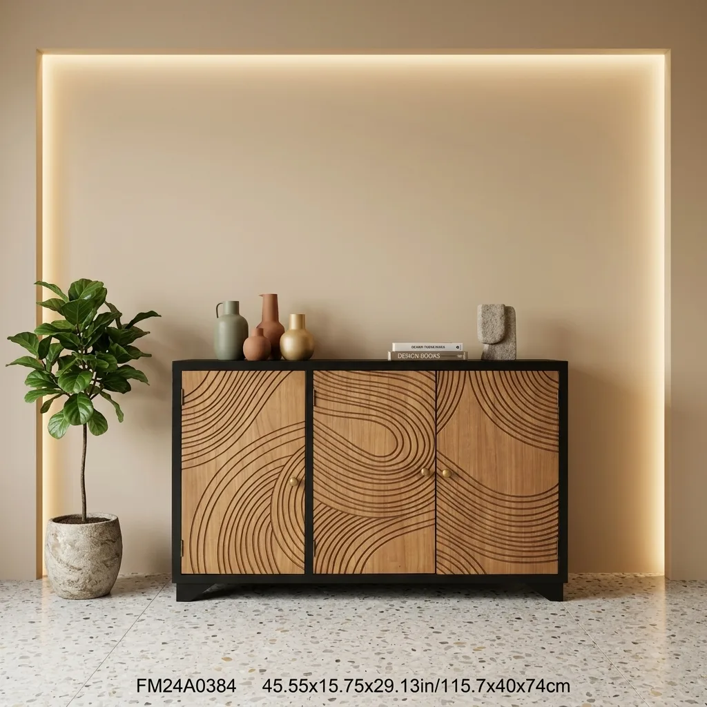 Modern Carved Wave Pattern 3-Door Sideboard Cabinet, Black Frame Wooden Storage Credenza with Metal Knobs, Decorative Buffet Cabinet for Entryway Living Room Dining Room