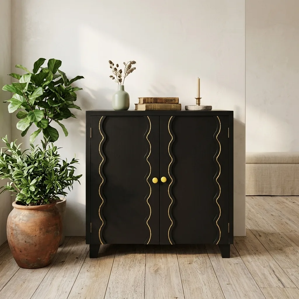 Black 2-Door Storage Cabinet with Gold Wavy Inlay Lines, Modern Decorative Sideboard Buffet Cabinet with Brass Round Knobs for Entryway Bedroom Dining Room