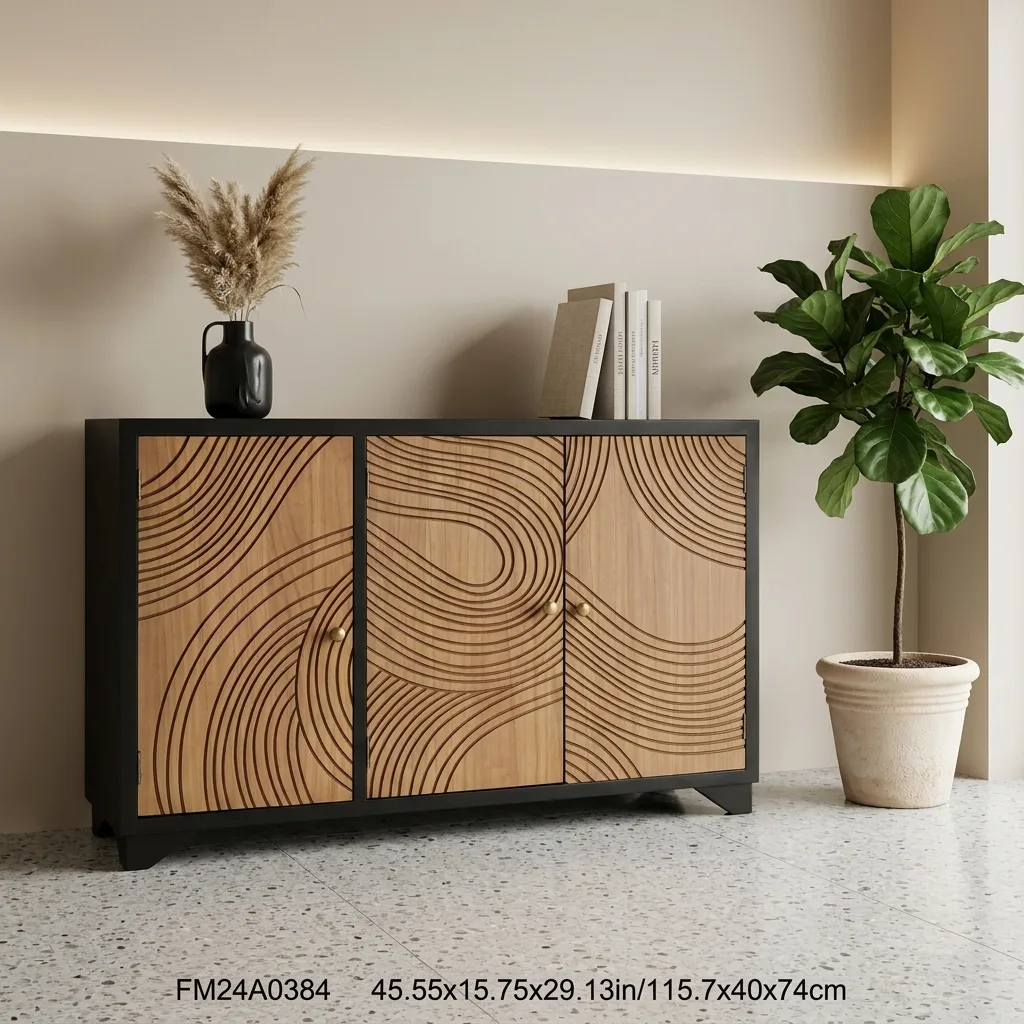 Modern Carved Wave Pattern 3-Door Sideboard Cabinet, Black Frame Wooden Storage Credenza with Metal Knobs, Decorative Buffet Cabinet for Entryway Living Room Dining Room