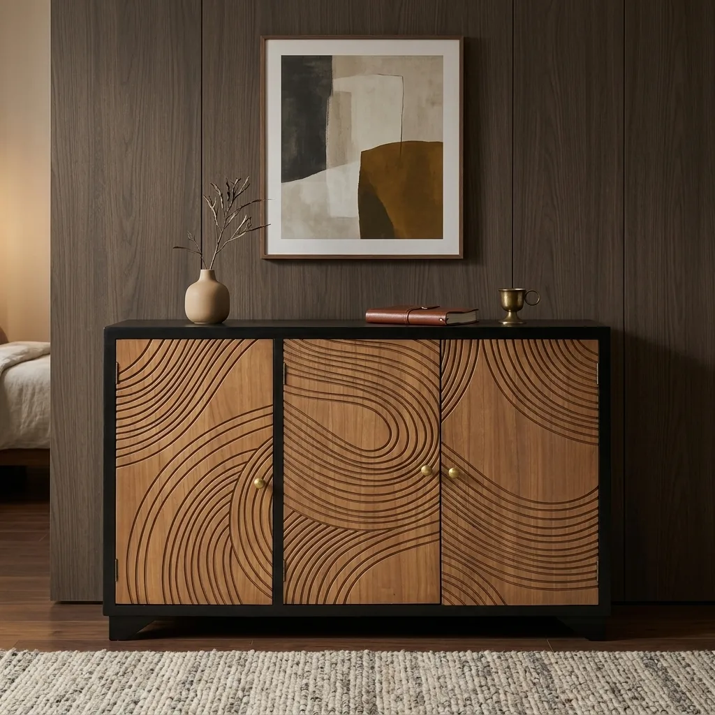 Modern Carved Wave Pattern 3-Door Sideboard Cabinet, Black Frame Wooden Storage Credenza with Metal Knobs, Decorative Buffet Cabinet for Entryway Living Room Dining Room