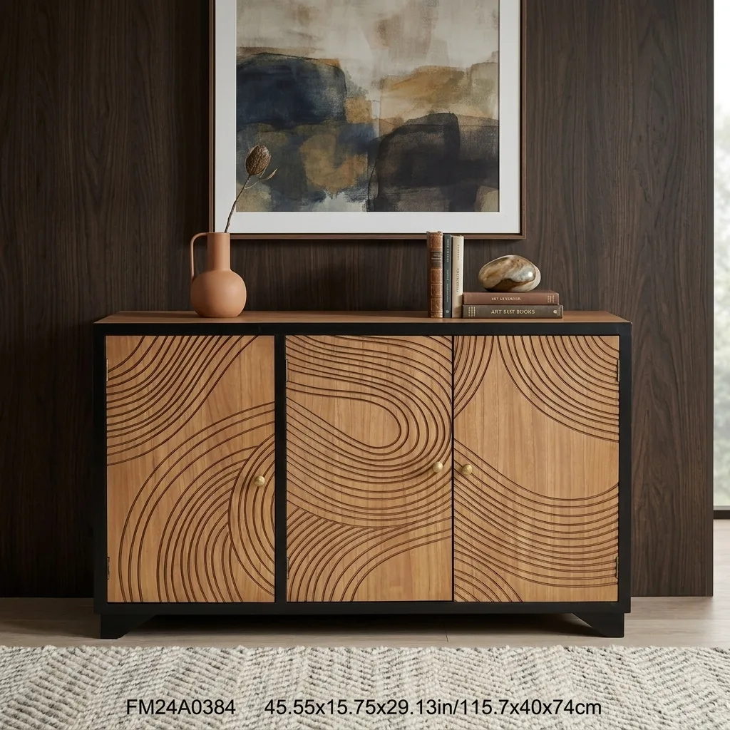 Modern Carved Wave Pattern 3-Door Sideboard Cabinet, Black Frame Wooden Storage Credenza with Metal Knobs, Decorative Buffet Cabinet for Entryway Living Room Dining Room