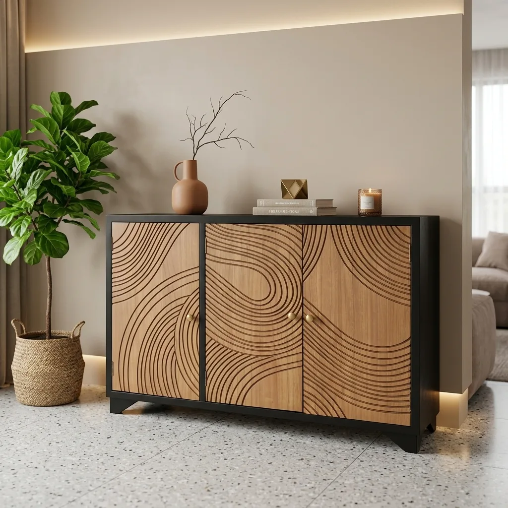 Modern Carved Wave Pattern 3-Door Sideboard Cabinet, Black Frame Wooden Storage Credenza with Metal Knobs, Decorative Buffet Cabinet for Entryway Living Room Dining Room