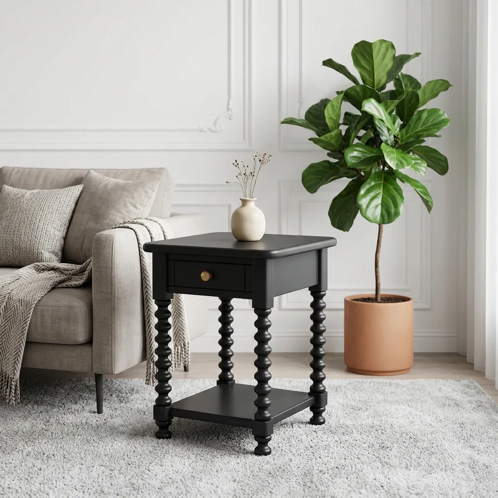 Black Bobbin Nightstand with Drawer and Lower Storage Shelf, Vintage Turned Leg Side End Table, Farmhouse Accent Table for Bedroom Living Room