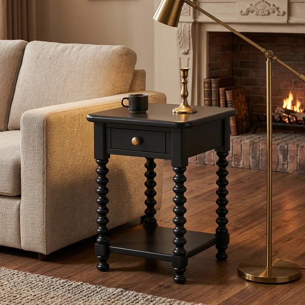 Black Bobbin Nightstand with Drawer and Lower Storage Shelf, Vintage Turned Leg Side End Table, Farmhouse Accent Table for Bedroom Living Room