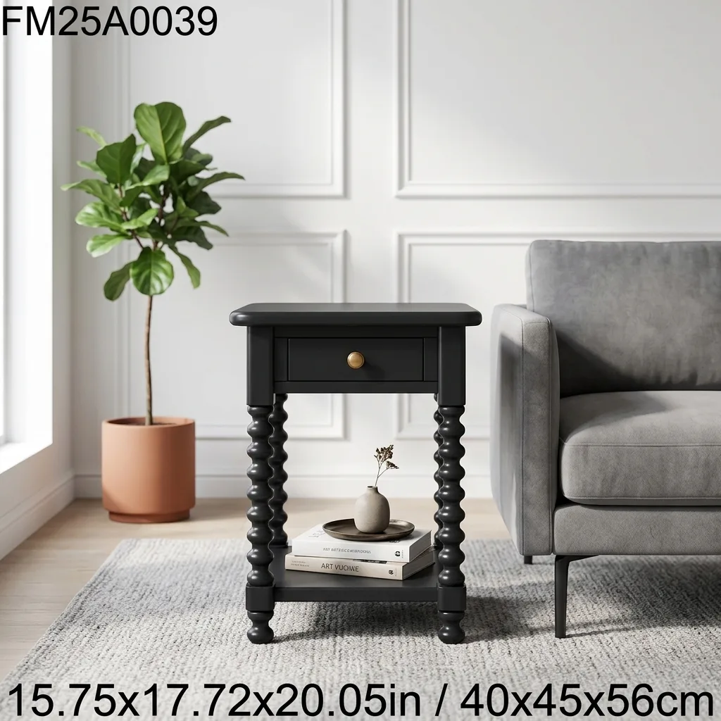 Black Bobbin Nightstand with Drawer and Lower Storage Shelf, Vintage Turned Leg Side End Table, Farmhouse Accent Table for Bedroom Living Room