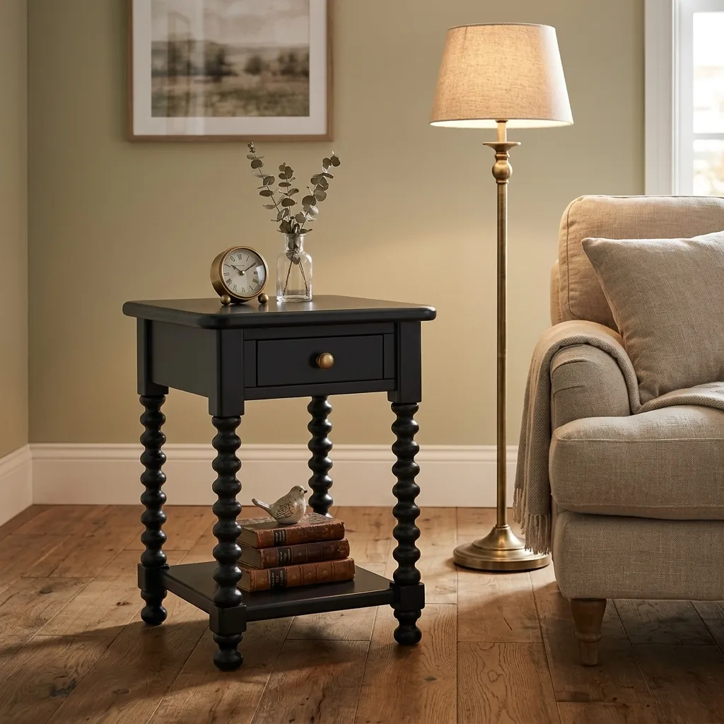 Black Bobbin Nightstand with Drawer and Lower Storage Shelf, Vintage Turned Leg Side End Table, Farmhouse Accent Table for Bedroom Living Room