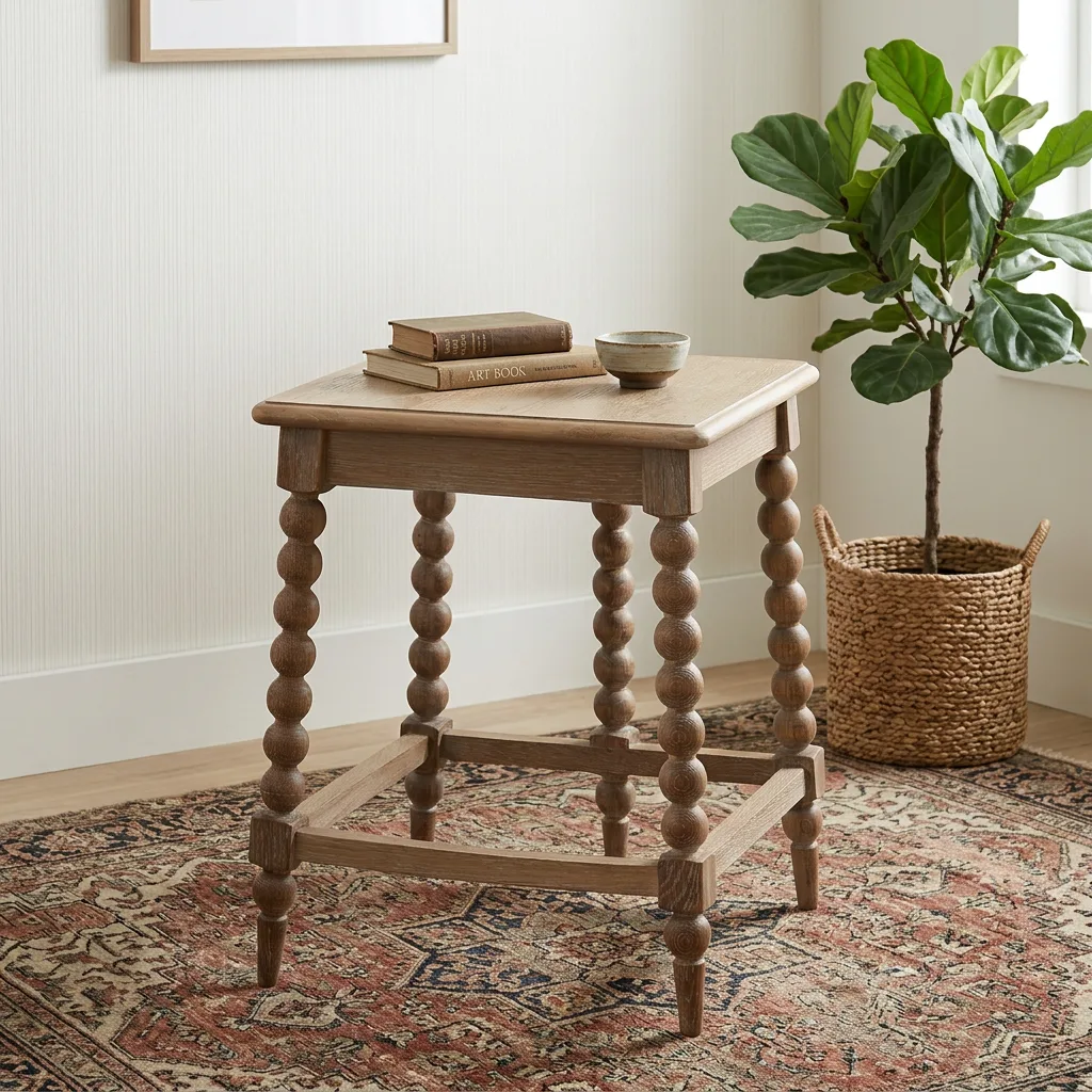 Vintage Distressed Solid Wood Bobbin Side Table, Farmhouse Square Accent End Table with Turned Spindle Legs, Rustic Weathered Nightstand for Living Room Bedroom Entryway