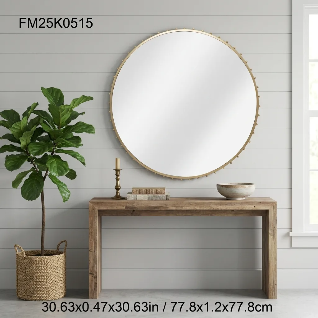 Gold Studded Round Wall Mirror, Ornate Beaded Metal Frame Circular Decorative Hanging Vanity Mirror for Bathroom, Entryway, Bedroom & Hotel Wall Decor