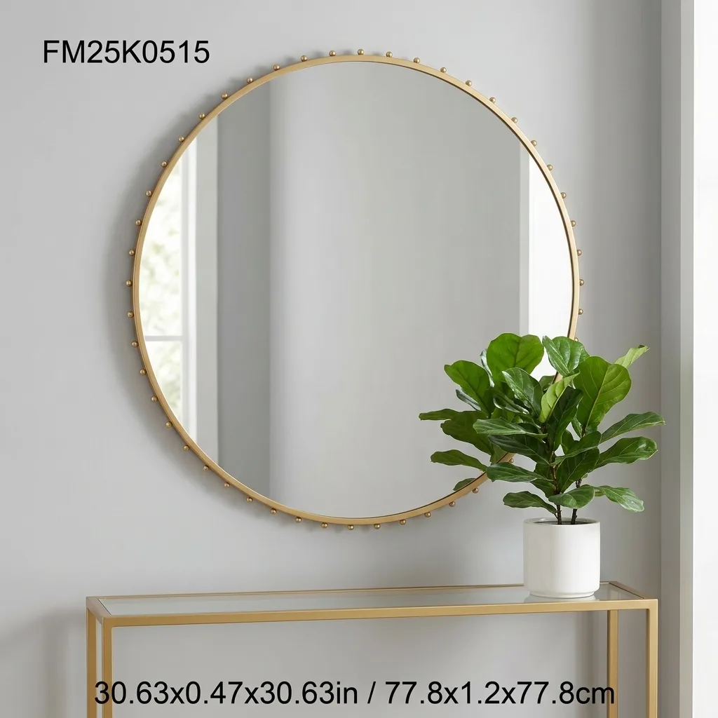 Gold Studded Round Wall Mirror, Ornate Beaded Metal Frame Circular Decorative Hanging Vanity Mirror for Bathroom, Entryway, Bedroom & Hotel Wall Decor