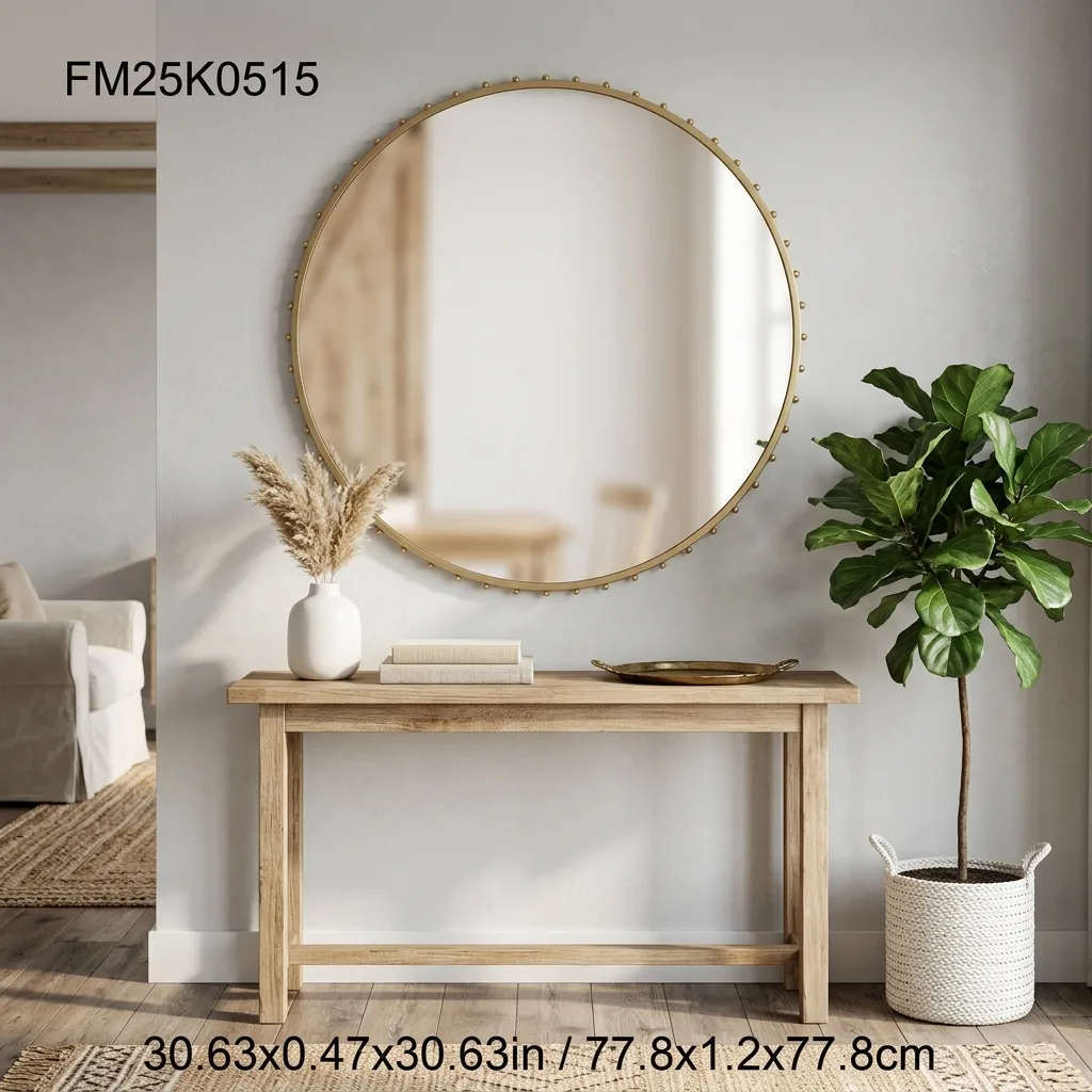 Gold Studded Round Wall Mirror, Ornate Beaded Metal Frame Circular Decorative Hanging Vanity Mirror for Bathroom, Entryway, Bedroom & Hotel Wall Decor