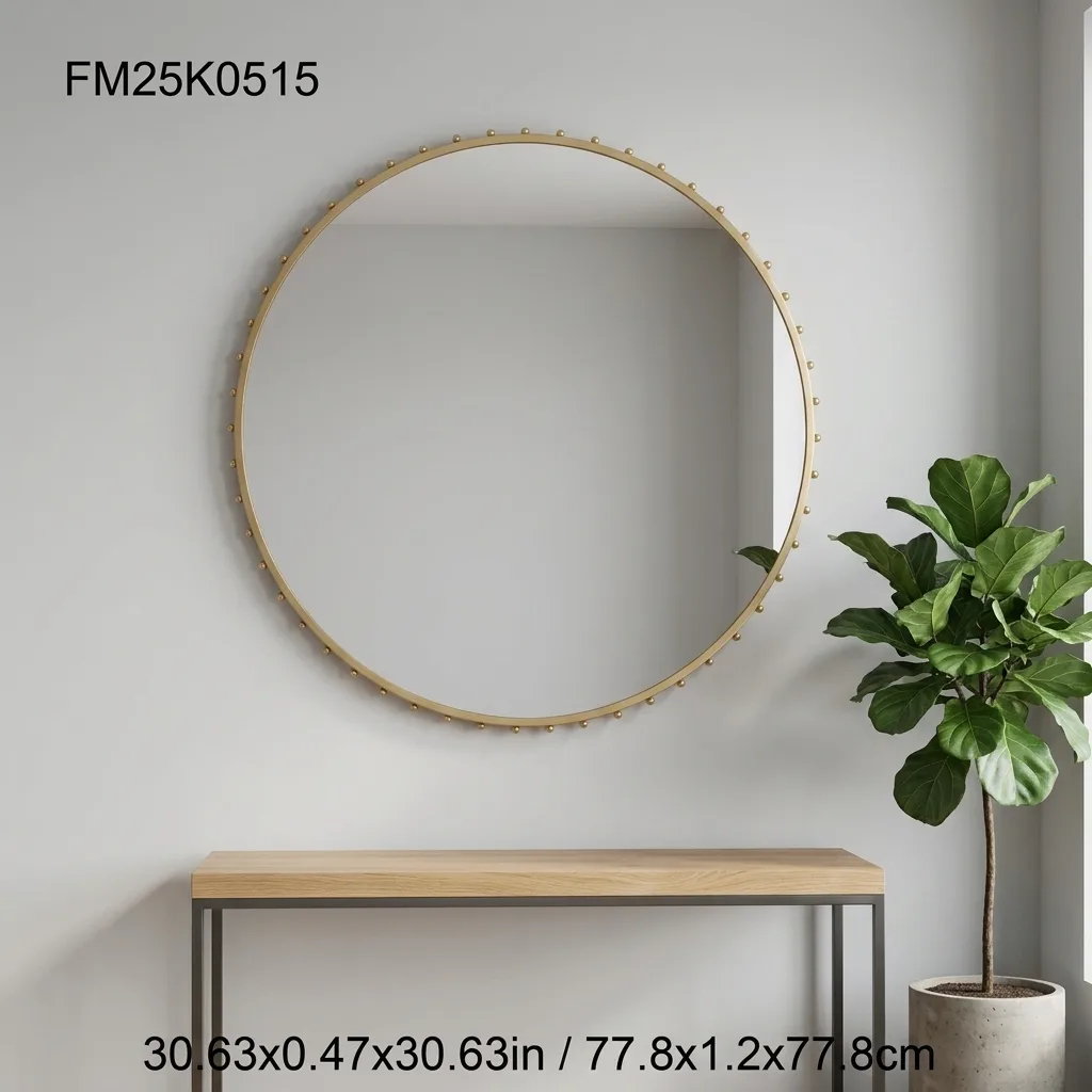 Gold Studded Round Wall Mirror, Ornate Beaded Metal Frame Circular Decorative Hanging Vanity Mirror for Bathroom, Entryway, Bedroom & Hotel Wall Decor