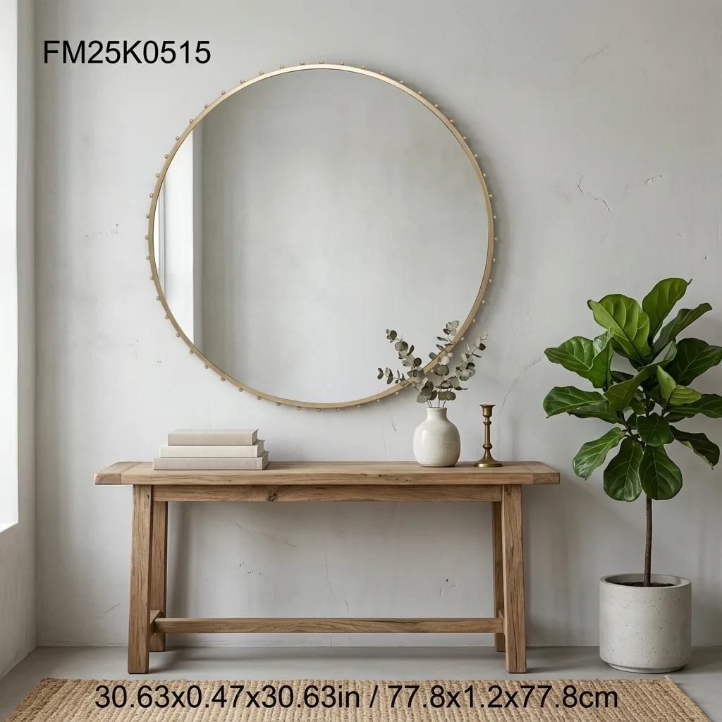 Gold Studded Round Wall Mirror, Ornate Beaded Metal Frame Circular Decorative Hanging Vanity Mirror for Bathroom, Entryway, Bedroom & Hotel Wall Decor