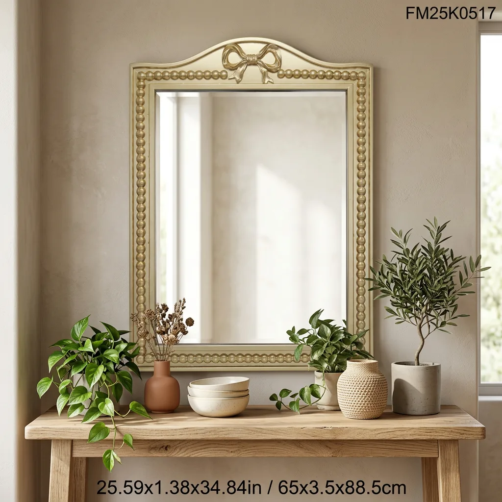 Vintage Gold Beaded Wall Mirror with Bow Decor Curved Top Ornate Framed Decorative Mirror for Bedroom Vanity Entryway Bathroom Farmhouse Wall Decor