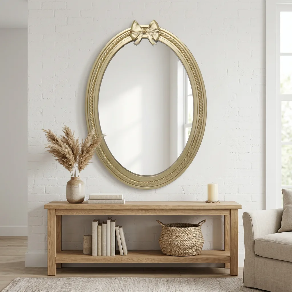 Vintage Gold Oval Wood Wall Mirror with Bow Decor, Rope Textured Resin Framed Hanging Mirror French Aesthetic Decorative Vanity Mirror for Bedroom Entryway Wall Decor