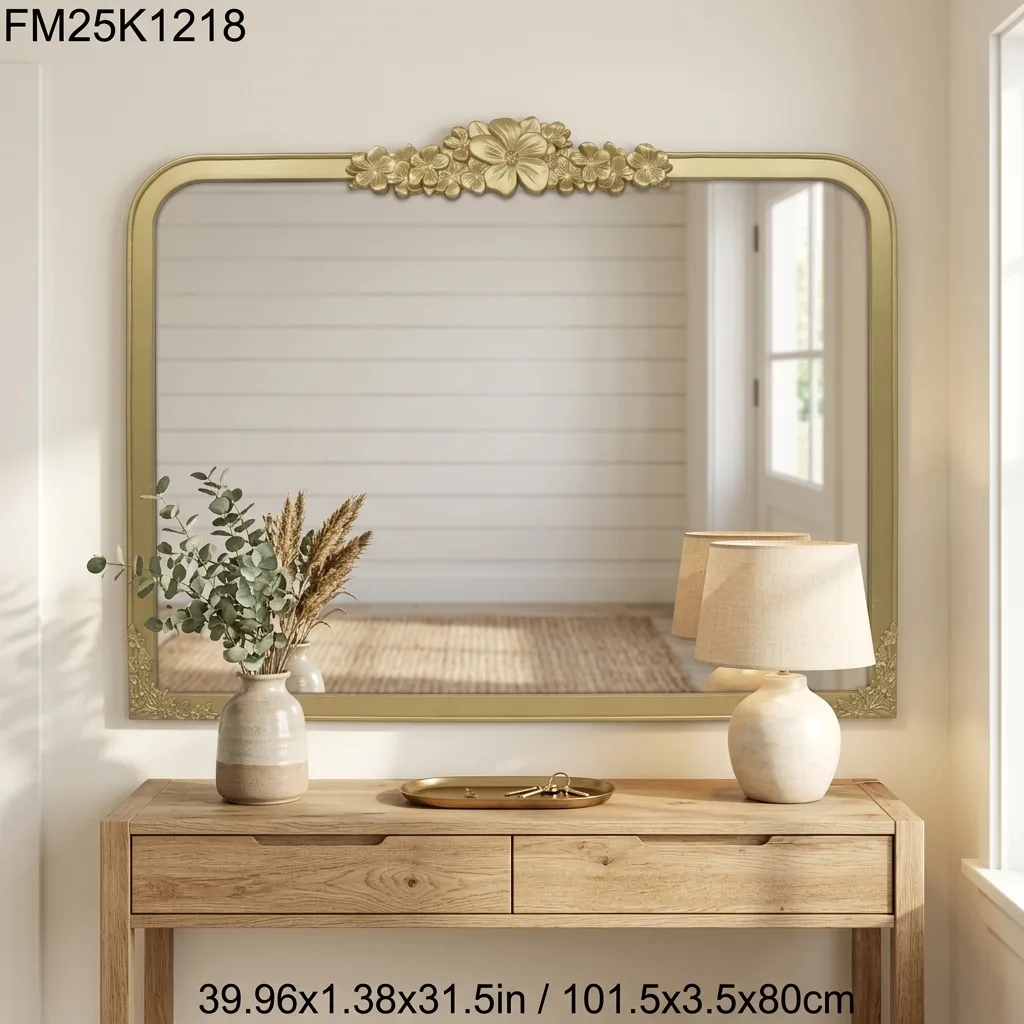 Gold Floral Embossed Rectangle Wood Wall Mounted Decor Mirror Vintage Wood Framed With Resin Decor Vanity Mirror for Bedroom Bathroom Living Room