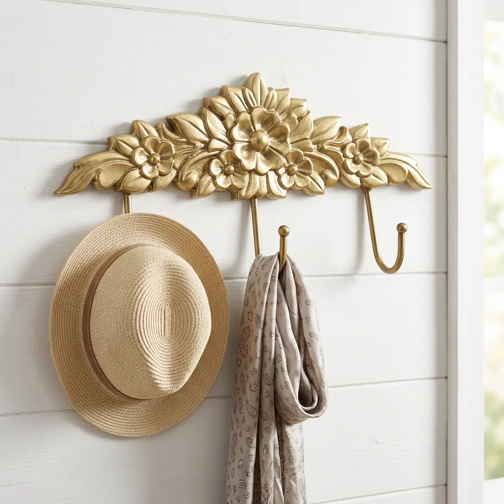 Vintage Gold Floral Wood And Metal Wall Hook 3‑Hooks Decorative Flower Leaf Wall Mounted Hanger for Towel Coat Keys Entryway Bathroom Wall Decor
