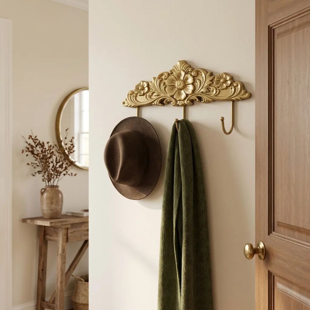 Vintage Ornate Gold Floral Wall Hook Decorative 3‑Hook Wood and Metal Wall Mount Hanger for Coats & Bags