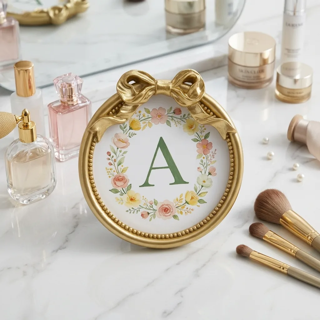 Gold Bow Round Monogram Wall Plaque Floral Wreath Initial Letter A Wall Sign Vintage Resin Alphabet Wall Art Shabby Chic Home Wall Decor Custom Letter Gift