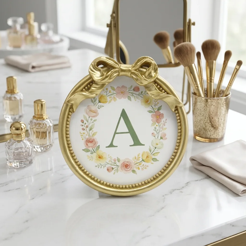 Gold Bow Round Monogram Wall Plaque Floral Wreath Initial Letter A Wall Sign Vintage Resin Alphabet Wall Art Shabby Chic Home Wall Decor Custom Letter Gift