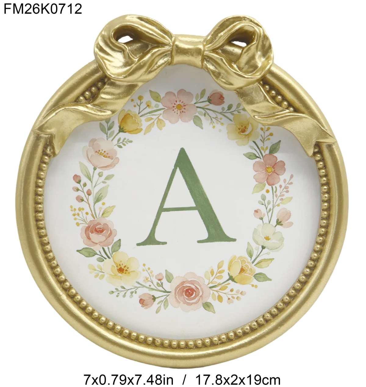 Gold Bow Round Monogram Wall Plaque Floral Wreath Initial Letter A Wall Sign Vintage Resin Alphabet Wall Art Shabby Chic Home Wall Decor Custom Letter Gift