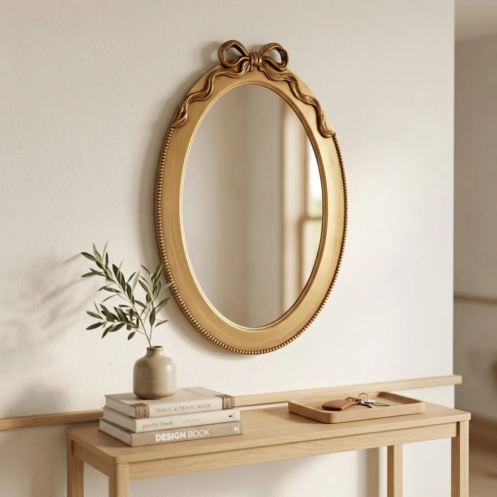 Vintage Gold Oval Wood Wall Mirror with Sculpted Bow Top Ornate Beaded Frame Antique Decorative Accent Mirror for Entryway Bedroom Living Room Wall Art Decor