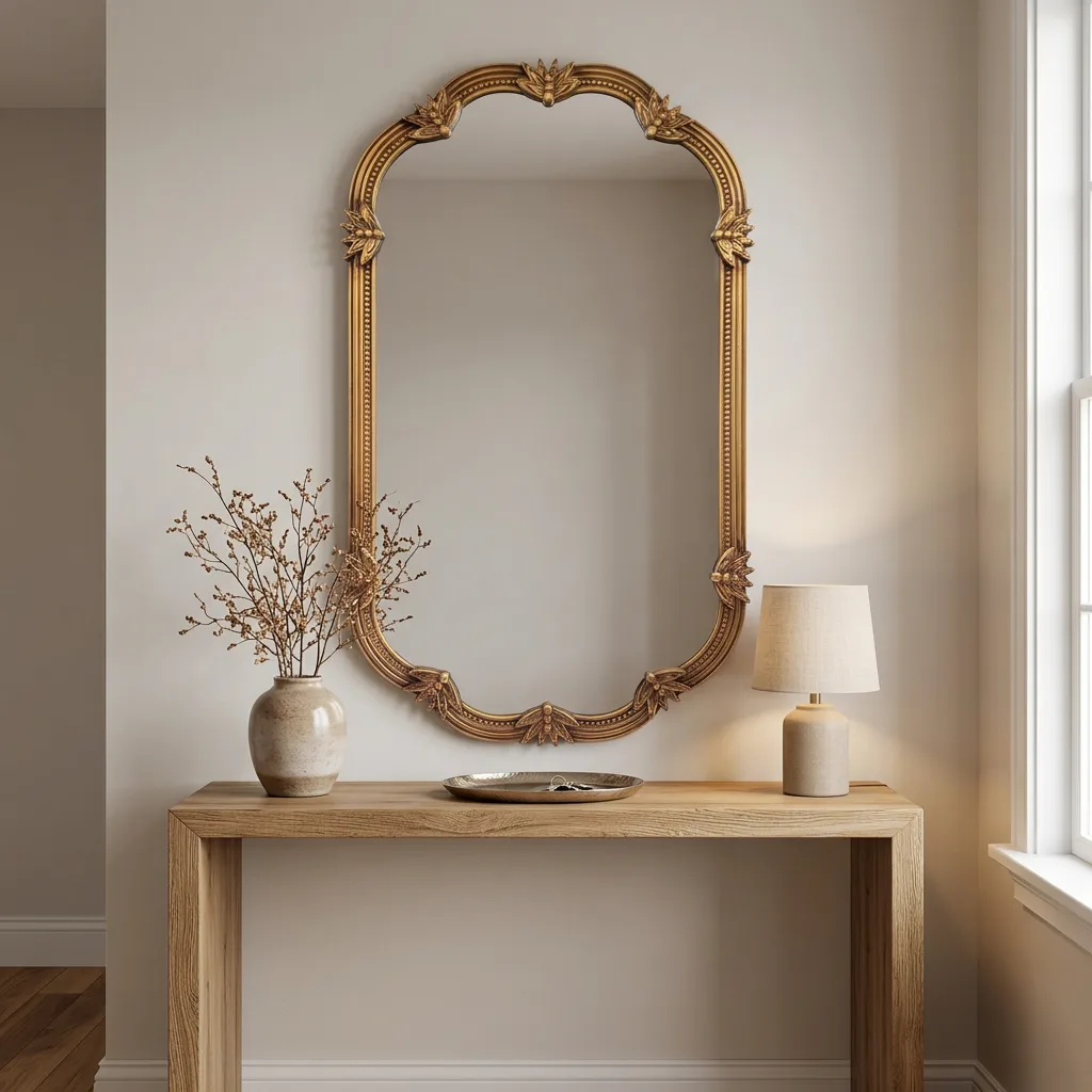 Vintage Ornate Gold Wall Mirror Antique Floral Carved Decorative Accent Mirror Oval‑Scalloped Framed Wall Hanging Mirror for Living Room Bedroom Entryway Home Wall Art Decor