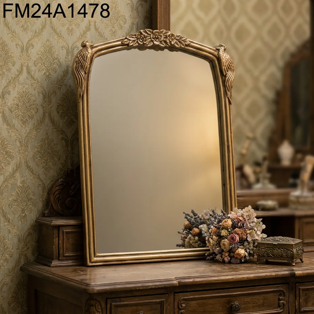 Vintage Antique Gold Tabletop Mirror Ornate Resin Vanity Mirror With Bird & Floral Carved Frame, Arched Decorative Desk Mirror for Bedroom Dresser Home Decor