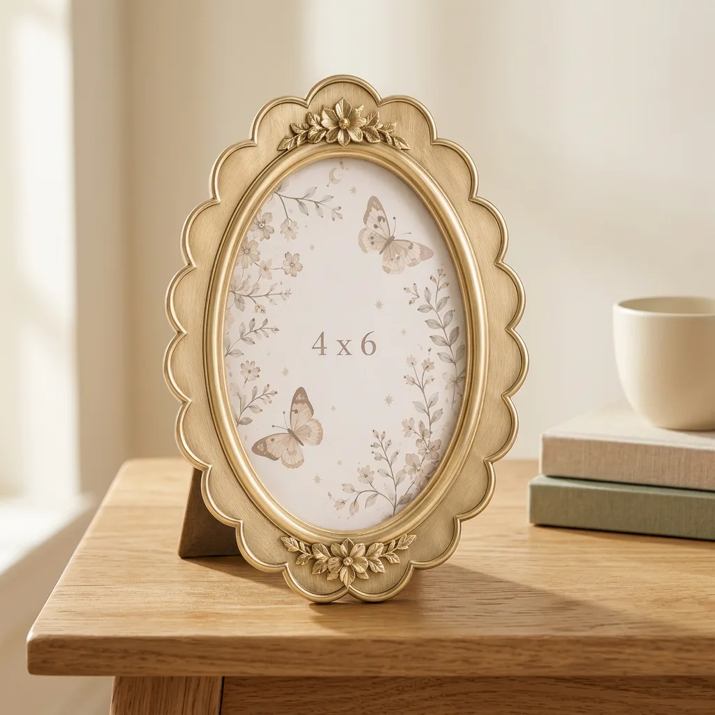 Antique Gold Resin Oval 4x6 Picture Frame Ornate Embossed Floral Scalloped Edge Tabletop Photo Frame for Home Decor & Gifting