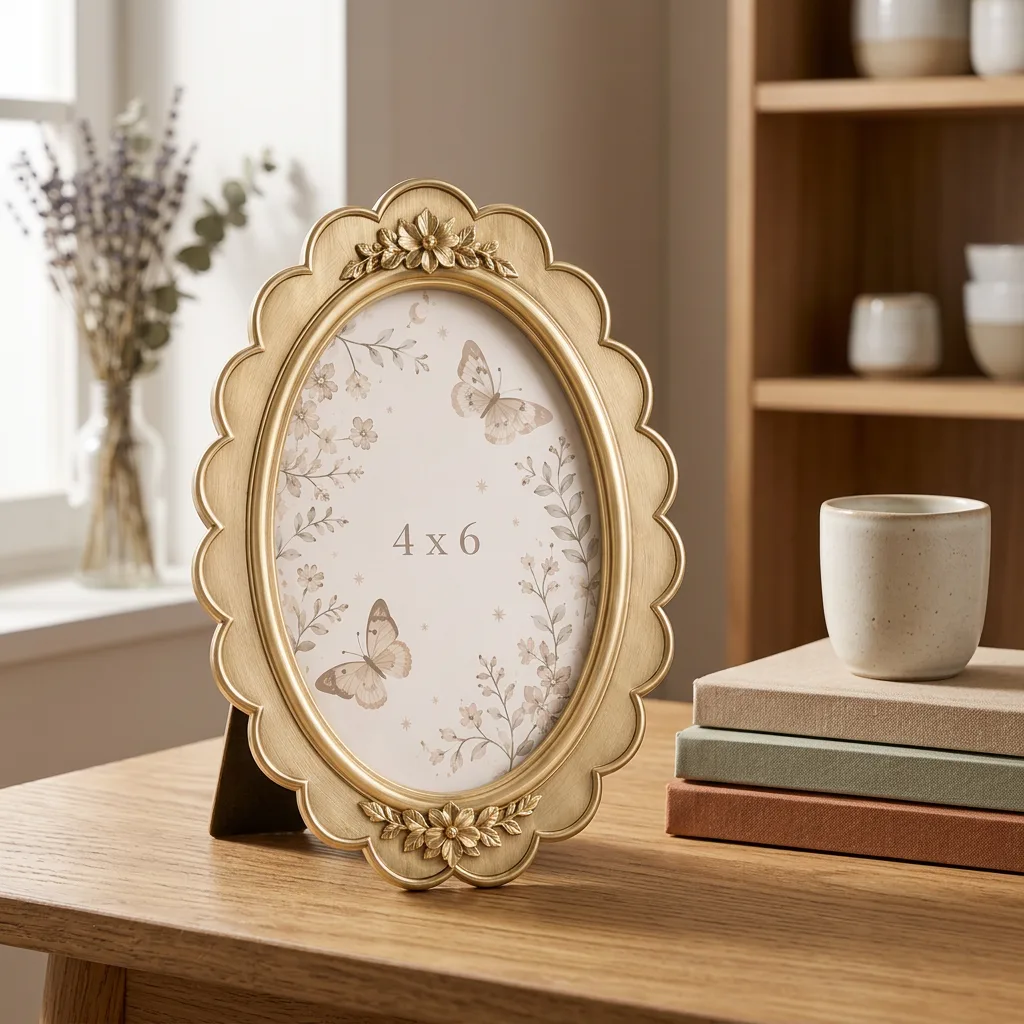 Antique Gold Resin Oval 4x6 Picture Frame Ornate Embossed Floral Scalloped Edge Tabletop Photo Frame for Home Decor & Gifting