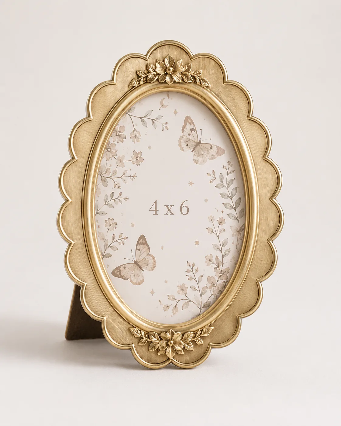 Antique Gold Resin Oval 4x6 Picture Frame Ornate Embossed Floral Scalloped Edge Tabletop Photo Frame for Home Decor & Gifting