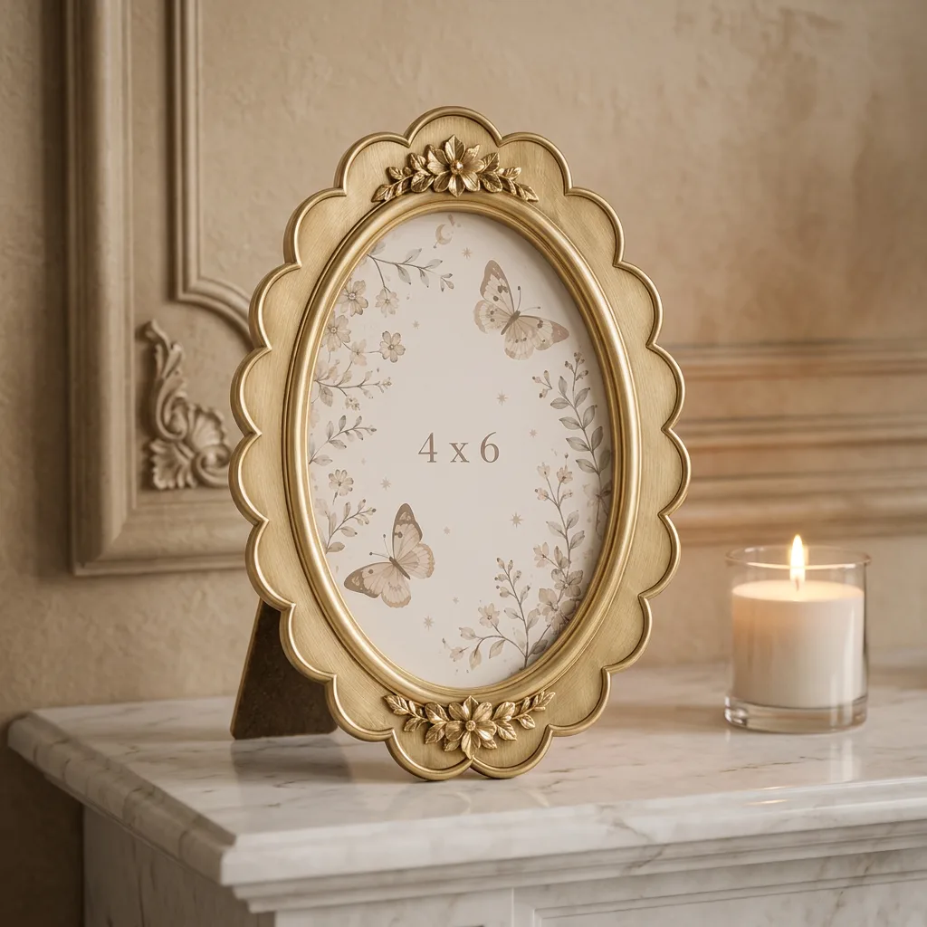 Antique Gold Resin Oval 4x6 Picture Frame Ornate Embossed Floral Scalloped Edge Tabletop Photo Frame for Home Decor & Gifting