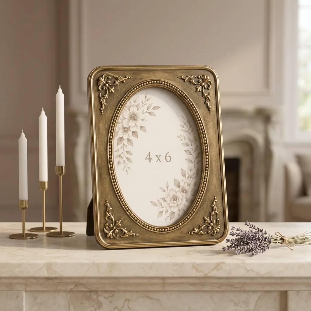 Vintage Ornate 4x6 Picture Frame, Antique Gold Embossed Tabletop Photo Frame with Oval Inset, Baroque Style Decorative Frame for Home Table Decor