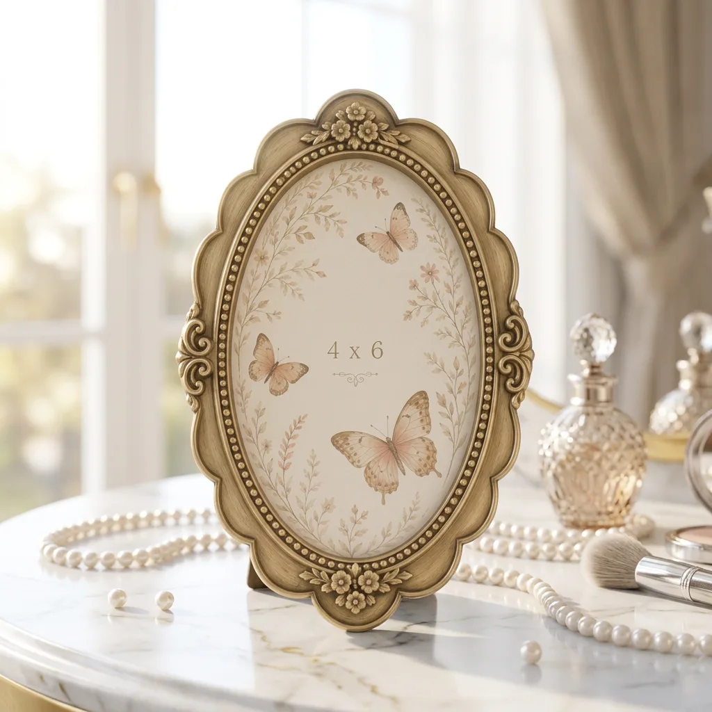 Vintage Ornate 4x6 Oval Resin Picture Frame, Antique Gold Floral Scrollwork Tabletop Photo Frame, French Baroque Decorative Frame for Home Table Decor